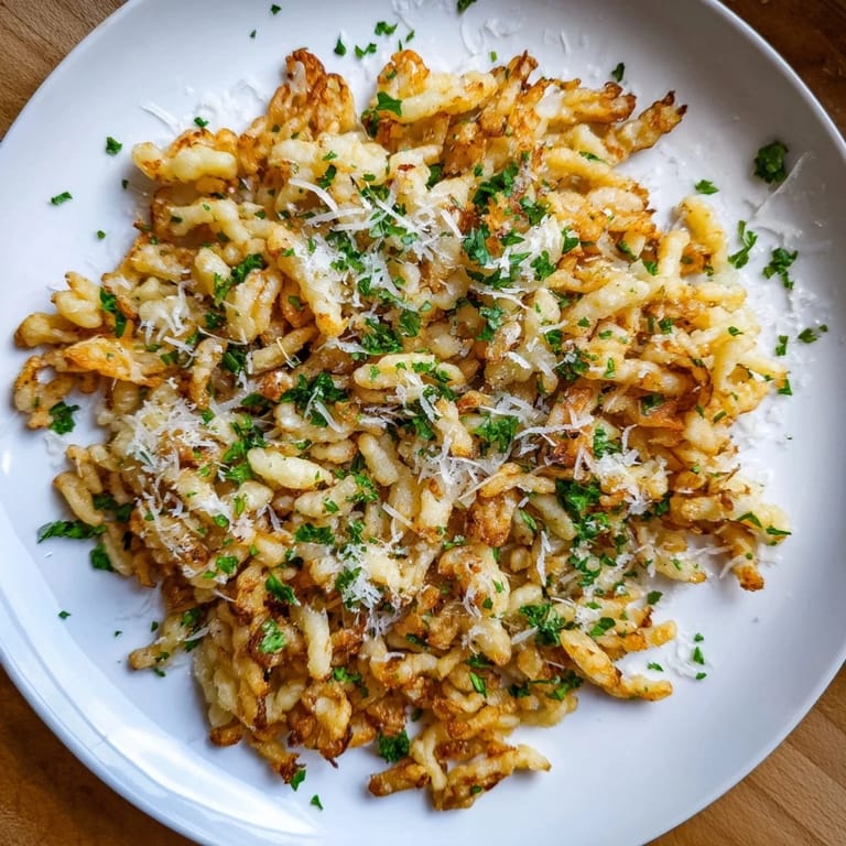 Enjoy a quick German Spätzle side: air-fried noodles with a crispy texture and delicious flavor.