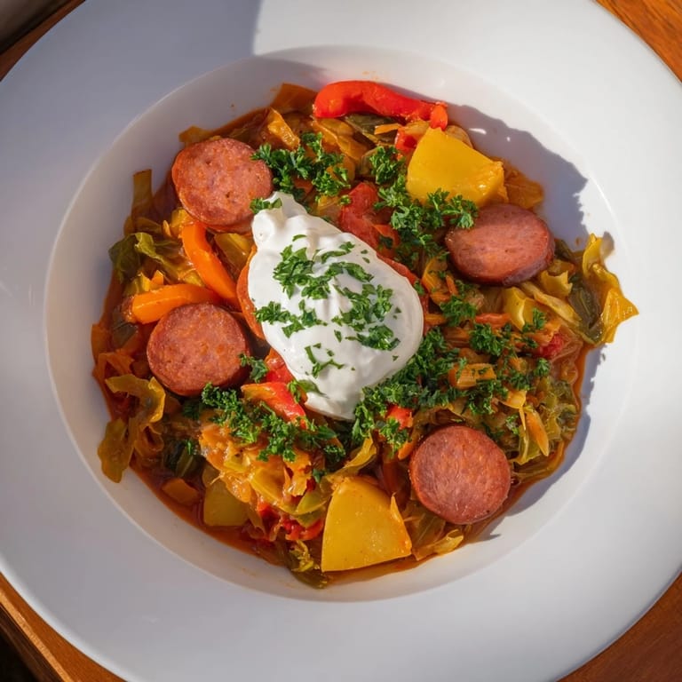 Hearty Effortless Sausage and Cabbage Stew, aromatic with spices, ready for serving with fresh parsley.