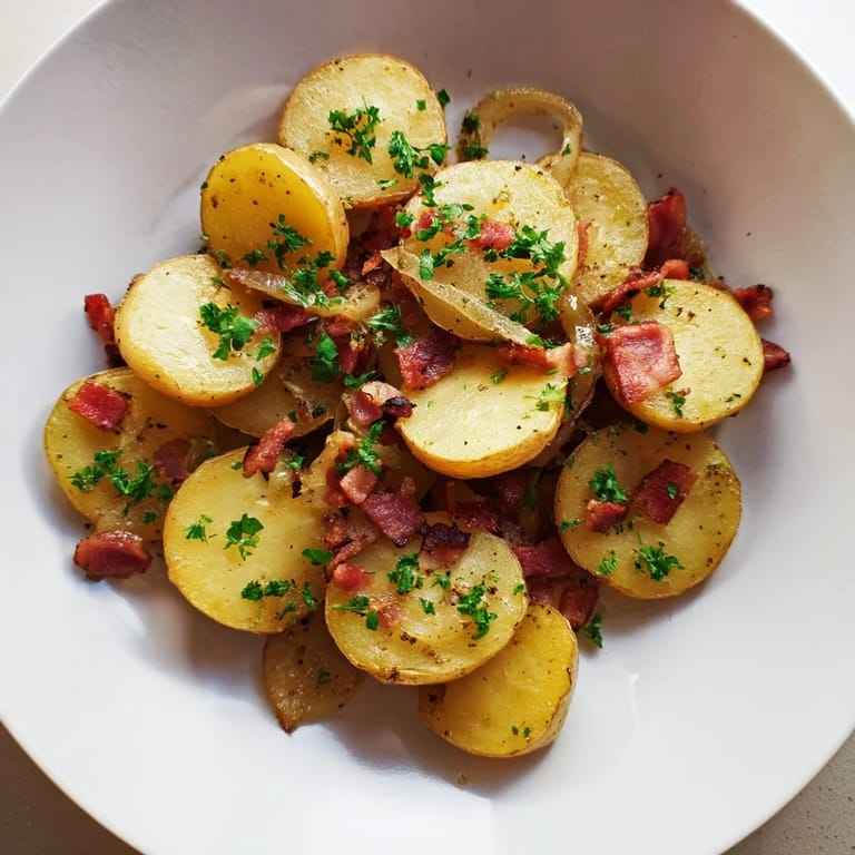 Close-up of crispy Simple Fried Potatoes with Onions & Bacon, featuring savory bacon and tender onions.
