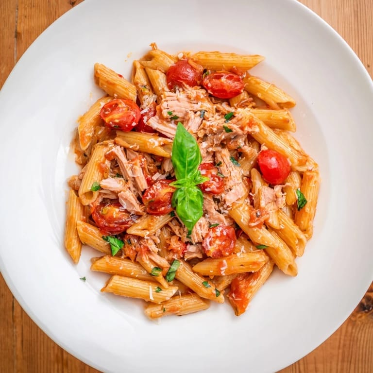 Close-up of freshly made Blitz Pasta with Tomatoes & Tuna, a pescatarian comfort food favorite.