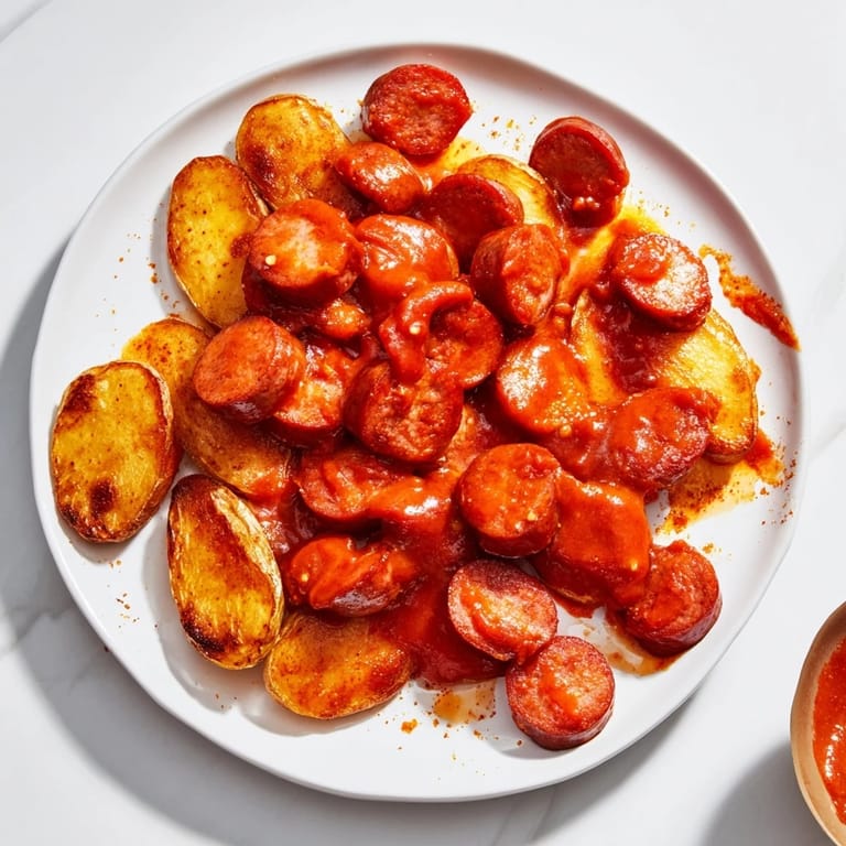 Juicy, grilled bratwurst slices topped with tangy curry ketchup served alongside perfectly seasoned fries for Currywurst.