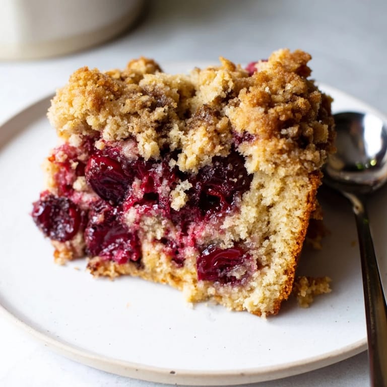 A slice of warm German cherry coffee cake, showing layers of cherries nestled in the baked cake interior.