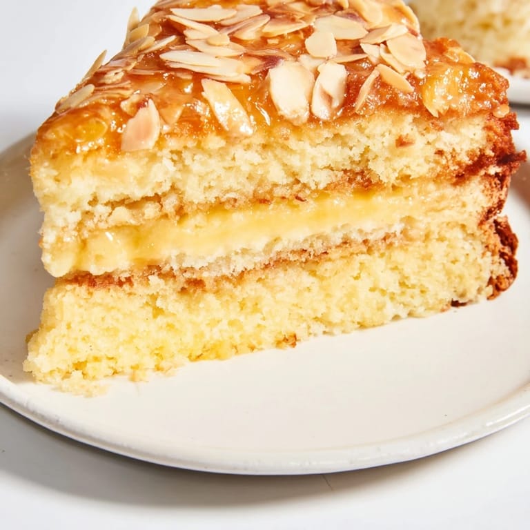 Golden slices of Bee Sting Cake, ready to serve with visible vanilla cream filling, are delightful.