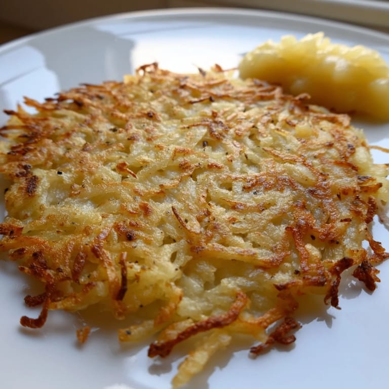 A stack of crispy German potato pancakes, with visible texture and a light, flavorful aroma.