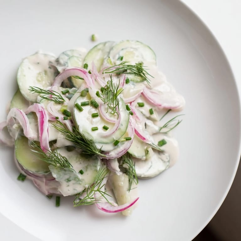 Creamy German Cucumber Salad in a white bowl, showing fresh sliced cucumbers and herbs with a bright, cool dressing.