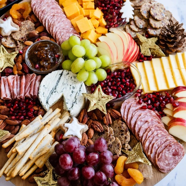 Vibrant Shining Bright Christmas 2025 Board with arrangements of savory and sweet options for holiday celebrations.