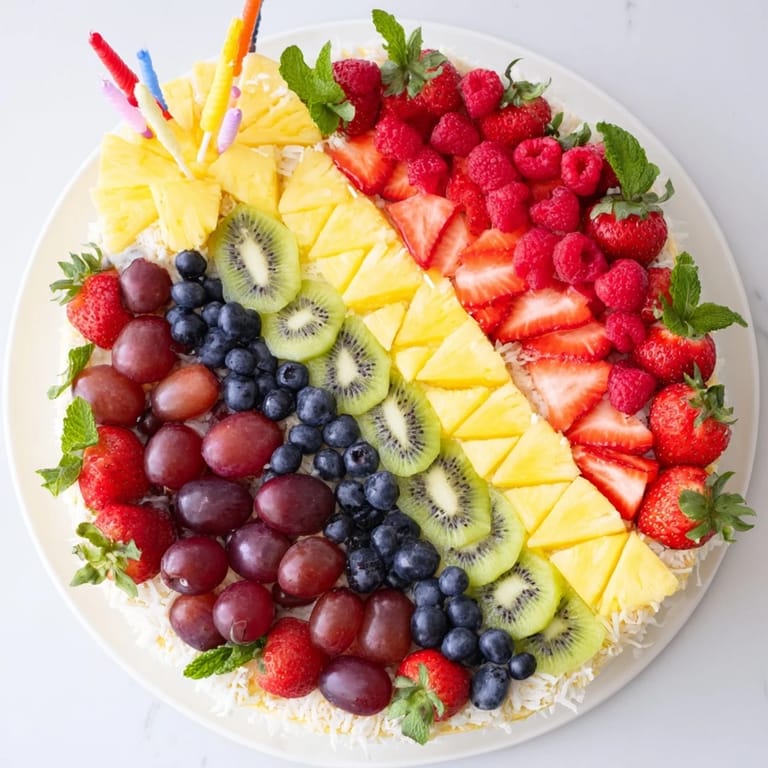 Freshly arranged Birthday Board cake slice: a healthy, eye-catching fruit platter with pineapple and coconut.