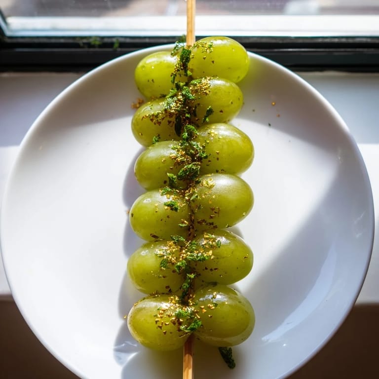 Juicy green grapes on skewers, the Grapes of Luck, perfect for a New Year's Eve dessert.