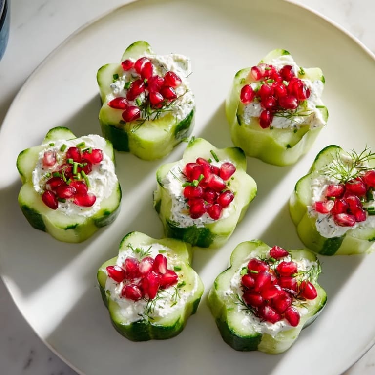 Elegant Snowflake cucumber cups; a delightful, chilled winter salad with vibrant red pepper.