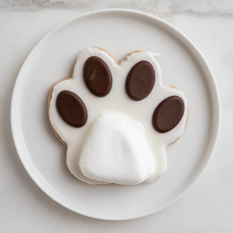 Warm, inviting shot of Polar Bear Paw Print Cookies decorated with chocolate chips.