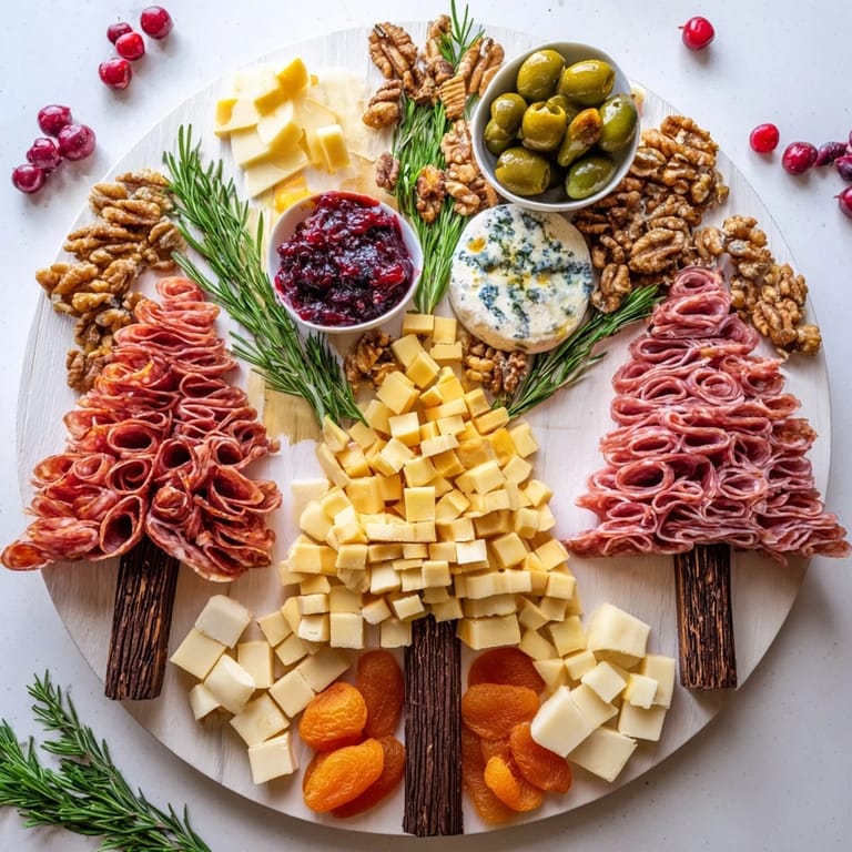 This festive Winter Forest Meat and Cheese Charcuterie Scene features a delightful mix of meats, cheeses, and garnishes.