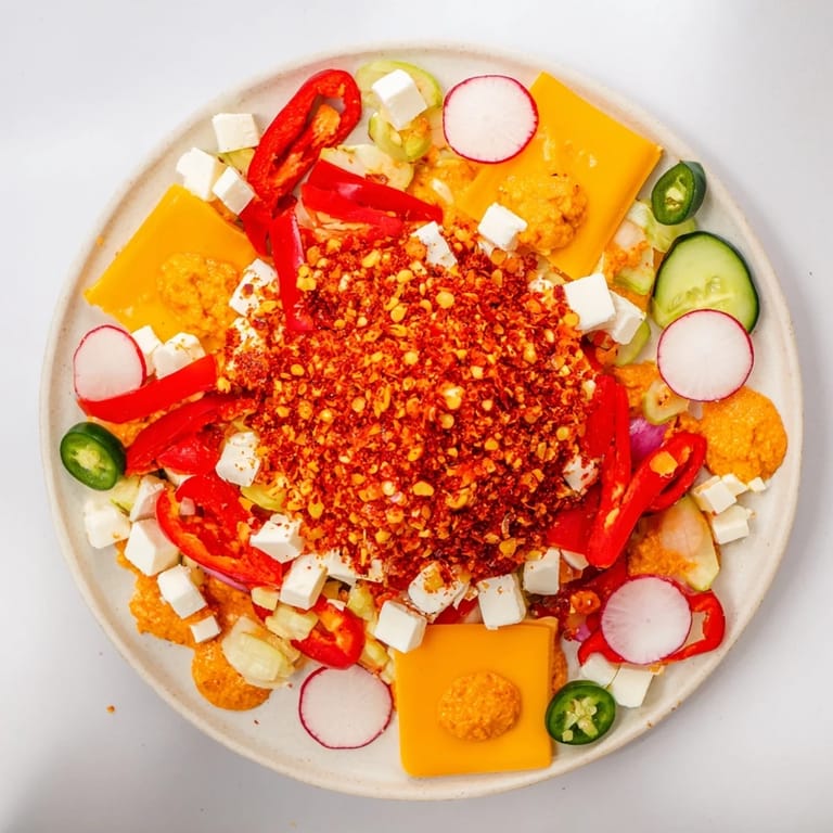 The Spicy Hot Take Platter, a visually appealing appetizer, arranged with spicy chorizo and colorful veggies.