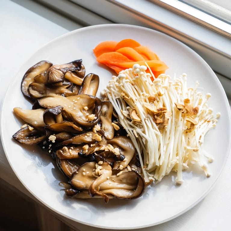 This Umami Bomb Asian Delight features neatly arranged mushrooms, seaweed, and pickled elements, a feast for the eyes.