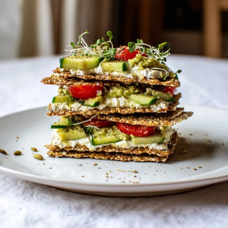 A visually appealing Gluten-Free Gourmet Tower, with cucumber slices and chives decorating the top layer.
