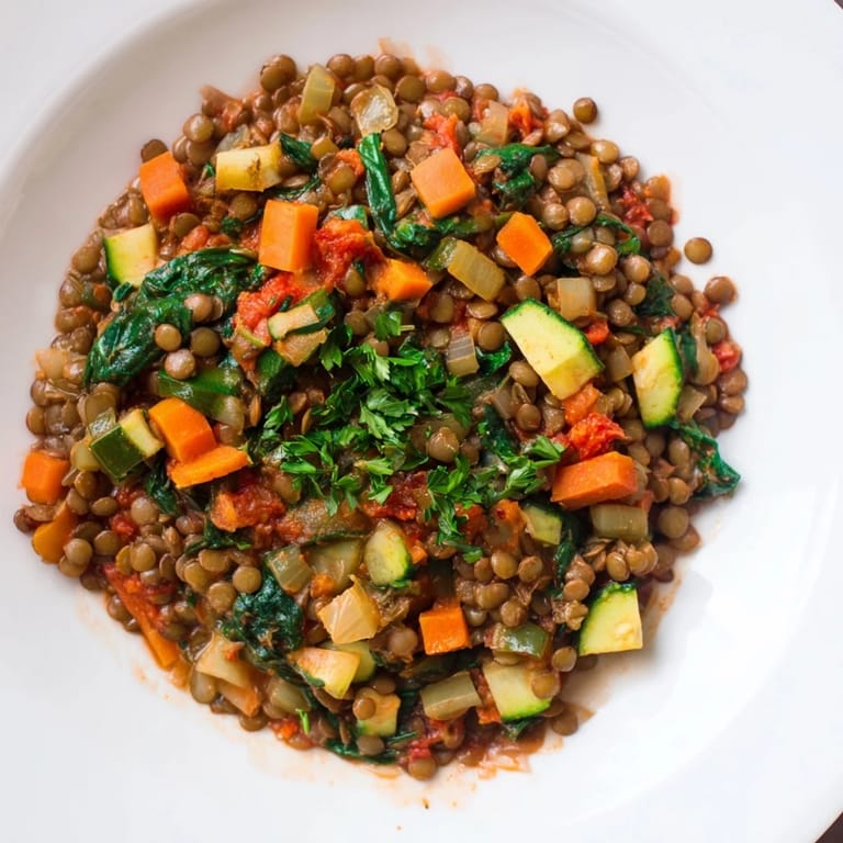 Flavorful One-Pot Lentil & Vegetable Stew overflowing in a deep bowl, a comforting vegan meal option.