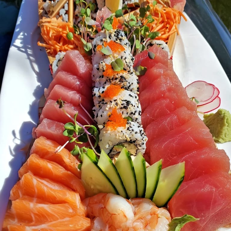 This sail away boat-shaped sushi platter includes fresh salmon and tuna, ready to enjoy.