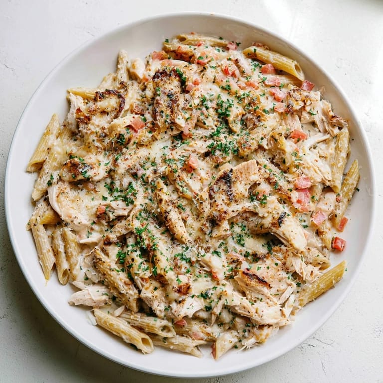 Close-up of Tinis Creamy Chicken Pasta, showcasing the silky sauce coating each penne noodle.