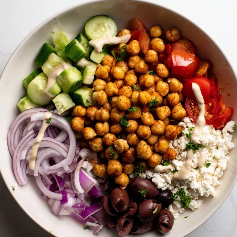 Golden roasted chickpeas and fresh vegetables compose this vibrant Mediterranean Chickpea Bowl, ready to eat.