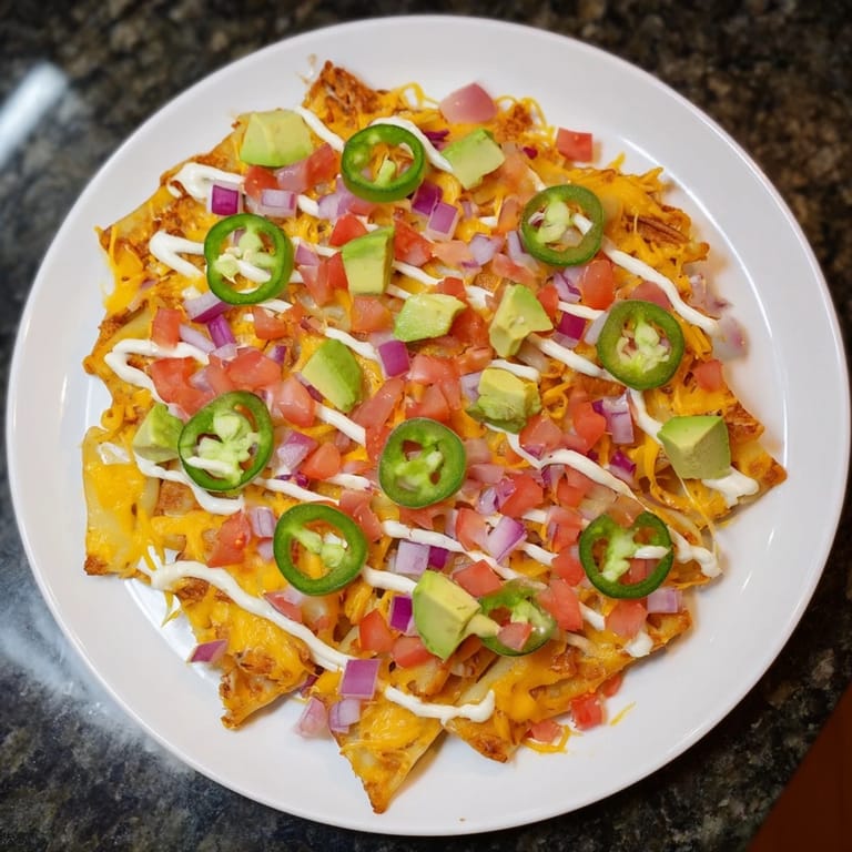 A close-up of delicious Pasta Chips Nachos with melted cheese, vibrant vegetables, and creamy sauce.