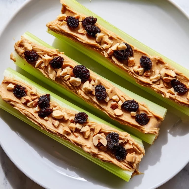 Nahaufnahme von Peanut Butter Celery Sticks: Frisches Sellerie mit cremiger Peanut Butter und Toppings.