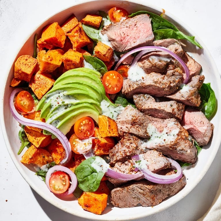 A delicious overhead shot of the beef avocado sweet potato bowl with creamy avocado slices.