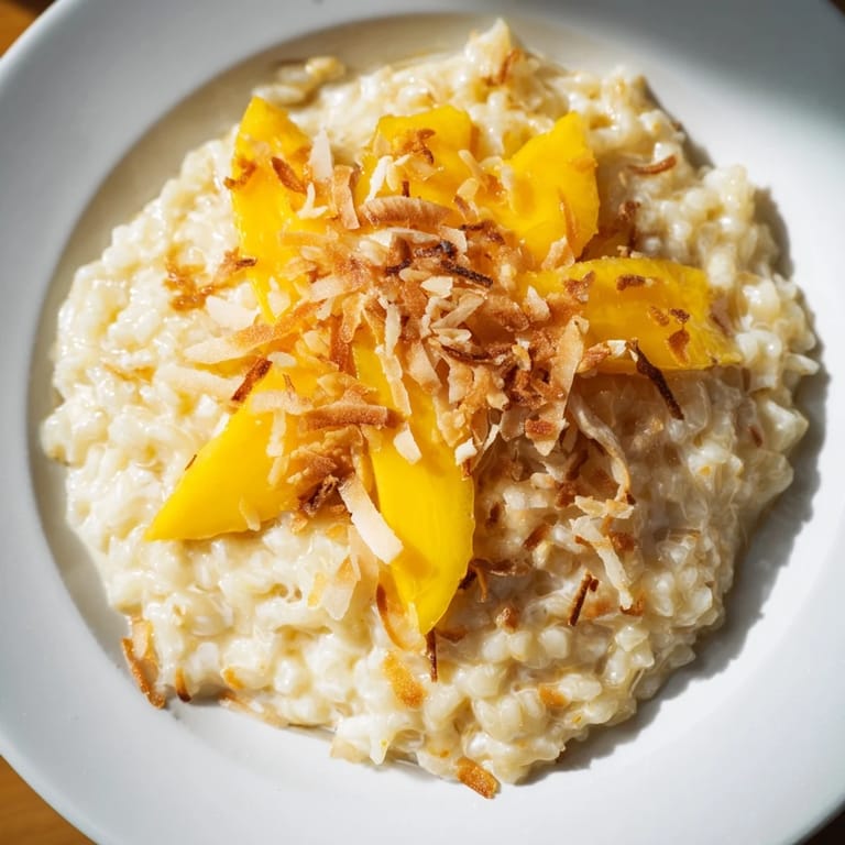 Serving suggestion: a bowl perfectly filled with toasted coconut rice pudding and fresh tropical fruit.