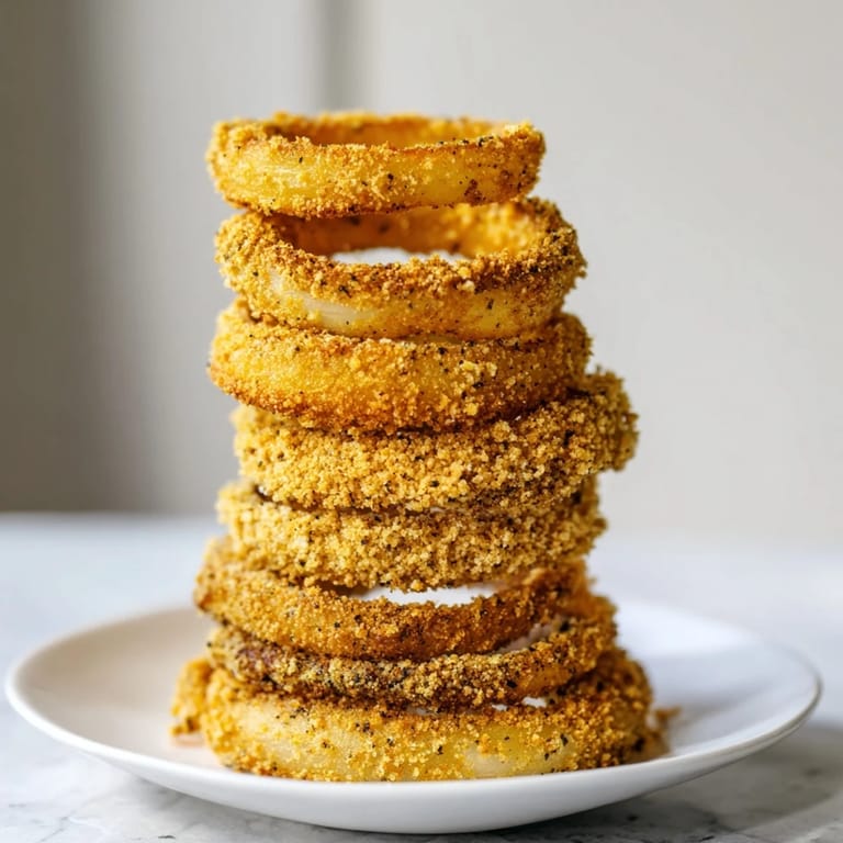 Perfectly fried crispy onion ring tower, a classic American appetizer, ready to serve.