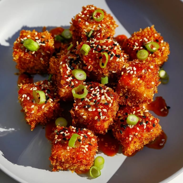 These flavorful Honey Sriracha Tofu Nuggets feature a sweet and spicy glaze perfect for sharing with friends.