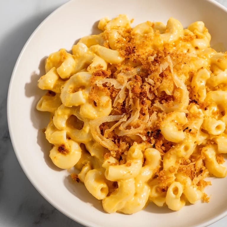 Creamy Pumpkin Mac & Cheese swirled in a bowl, perfect for a cozy autumn dinner.