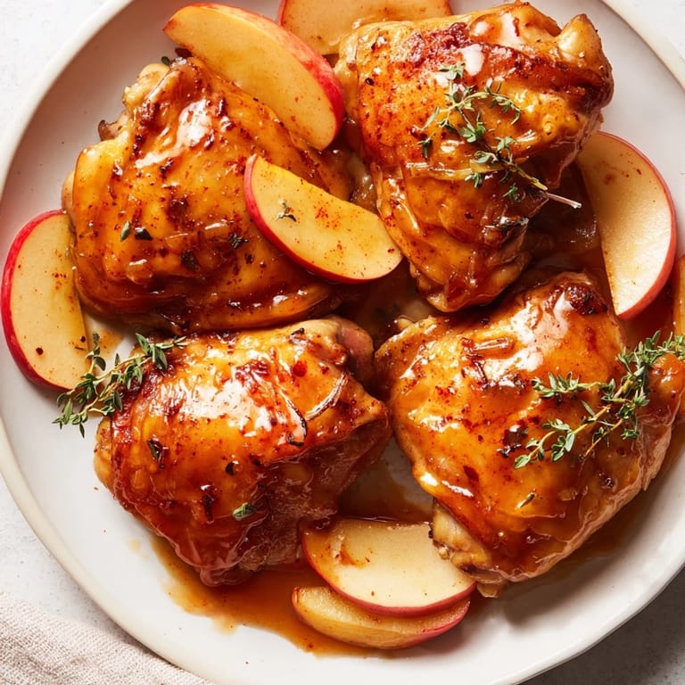 Golden brown Sticky Maple Apple Chicken, served hot, with crisp apples, ready for a delicious meal.