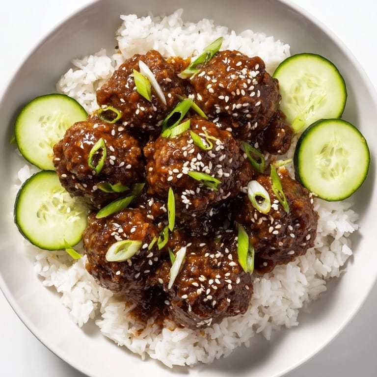 A close-up of savory teriyaki meatball bowls, garnished with sesame seeds and fresh green onions.