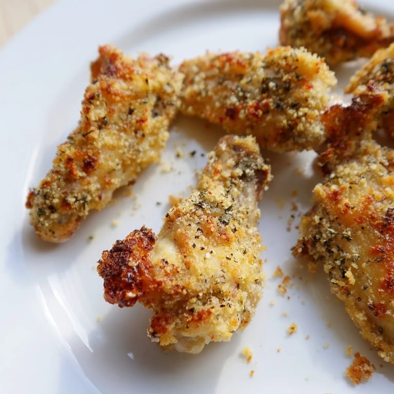 Nahaufnahme von perfekt gebackenen Parmesan-Hähnchenflügeln, die bereit zum Servieren und Genießen sind.