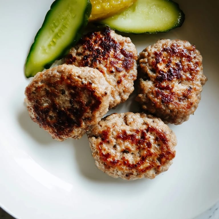 Close-up shot: delicious Danish Frikadeller served with contrasting pickles for a savory meal.