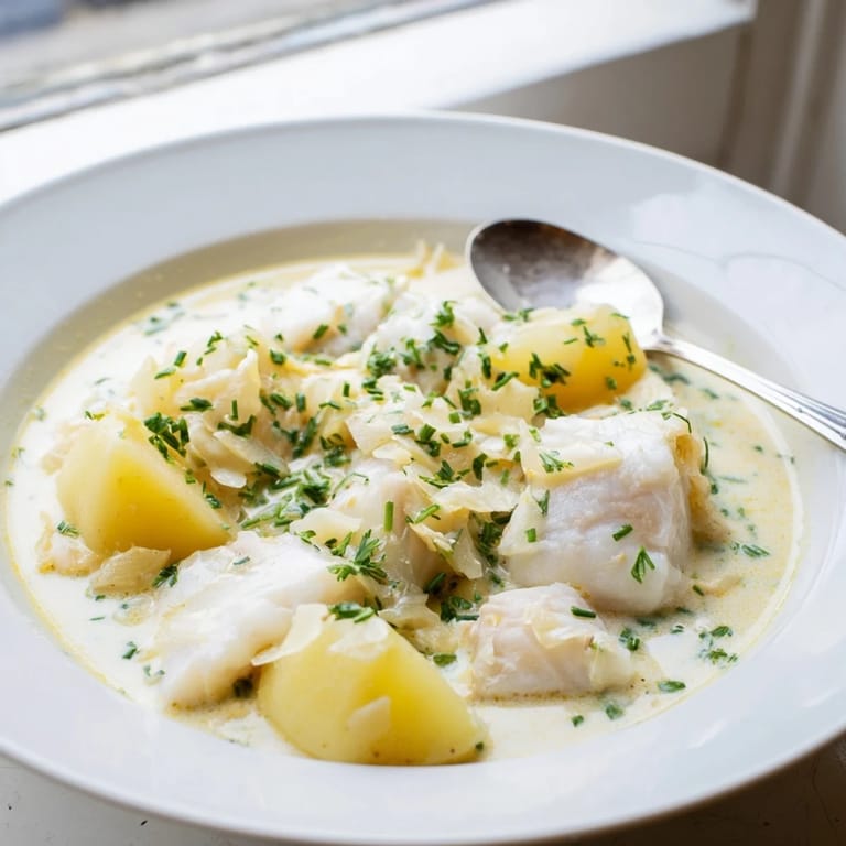 Close-up shot shows rich, creamy Icelandic Fish Stew with flaky white fish.