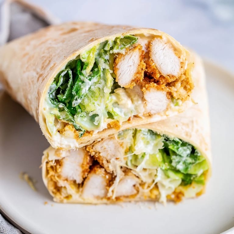 Sliced Crispy Chicken Caesar Wrap on a white plate, showing melted Parmesan and golden fried chicken strips.  