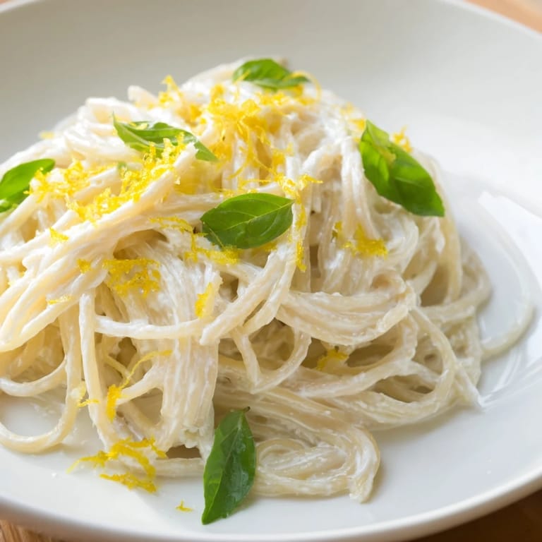Zarte Spaghetti mit zitronigem Ricotta-Creme-Soße, serviert in einer weißen Schüssel für einen hellen,它anmutigen Mittagstisch.