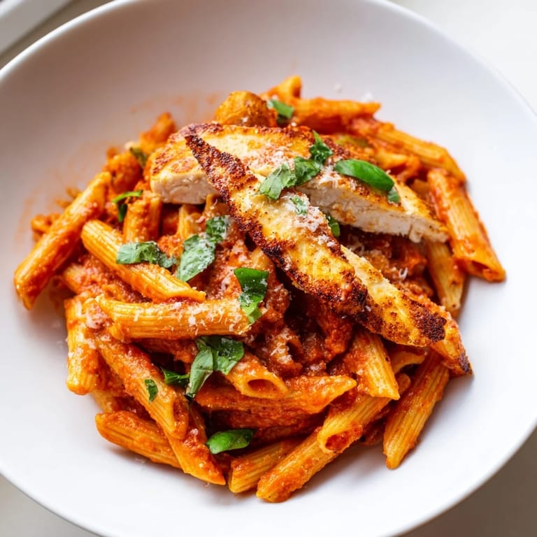 Penne Pasta in einer reichhaltigen Chili-Tomaten-Sauce, serviert mit goldbraunen Hähnchenbruststreifen und Basilikum in U.S.-Manier.