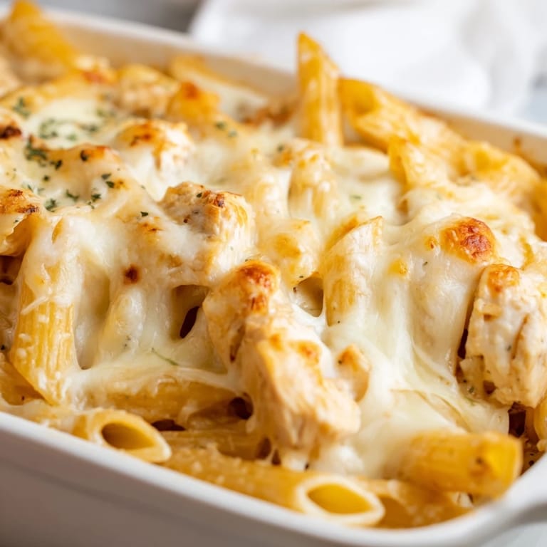 Knusprige, golden überbackene Chicken Ranch Pasta Bake in einer Auflaufform mit cremiger Ranch-Sauce und geschmolzenem Mozzarella, ideal für ein gemütliches Abendessen.  
