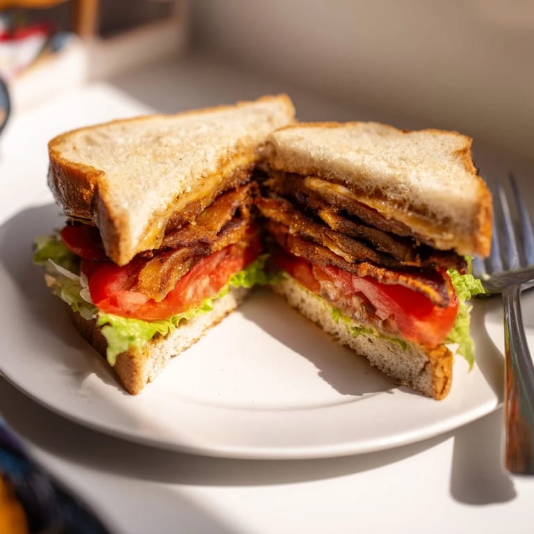 Mundgerecht halbiertes Vegan Bacon BLT Grilled Cheese mit goldbrauner Kruste und leckerem pflanzlichen Belag auf Teller.