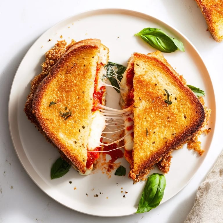 Ein mundgerechtes Chicken Parm Grilled Cheese Sandwich, umgeben von Marinara-Dip und frischem Basilikum im Sonnenlicht.  