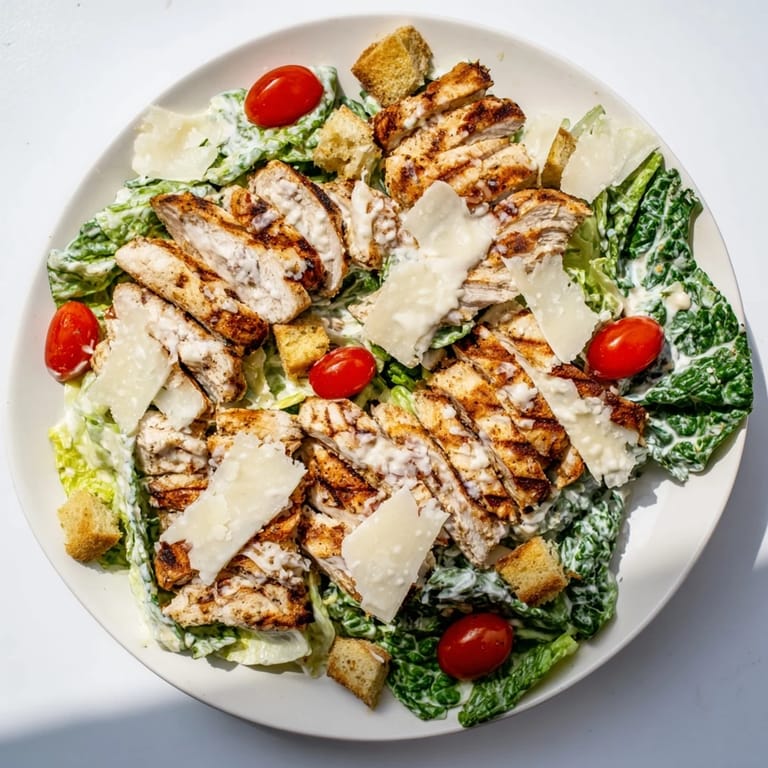 Freshly shaved Parmesan cheese and homemade croutons garnish this healthy main dish salad.