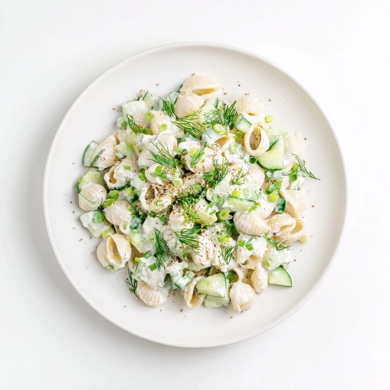 Erfrischende Cucumber Crunch Pasta Salad mit Dill und Everything Bagel Gewürz für einen Picknick-Tisch im Freien.