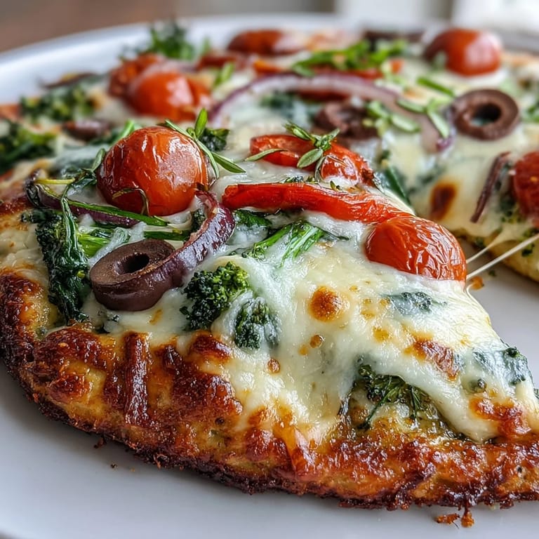 Goldbraune Brokkoli-Hähnchen-Krusten-Pizza, frisch aus dem Ofen, garniert mit frischen Basilikumblättern und Chili-Flocken für extra Schärfe.