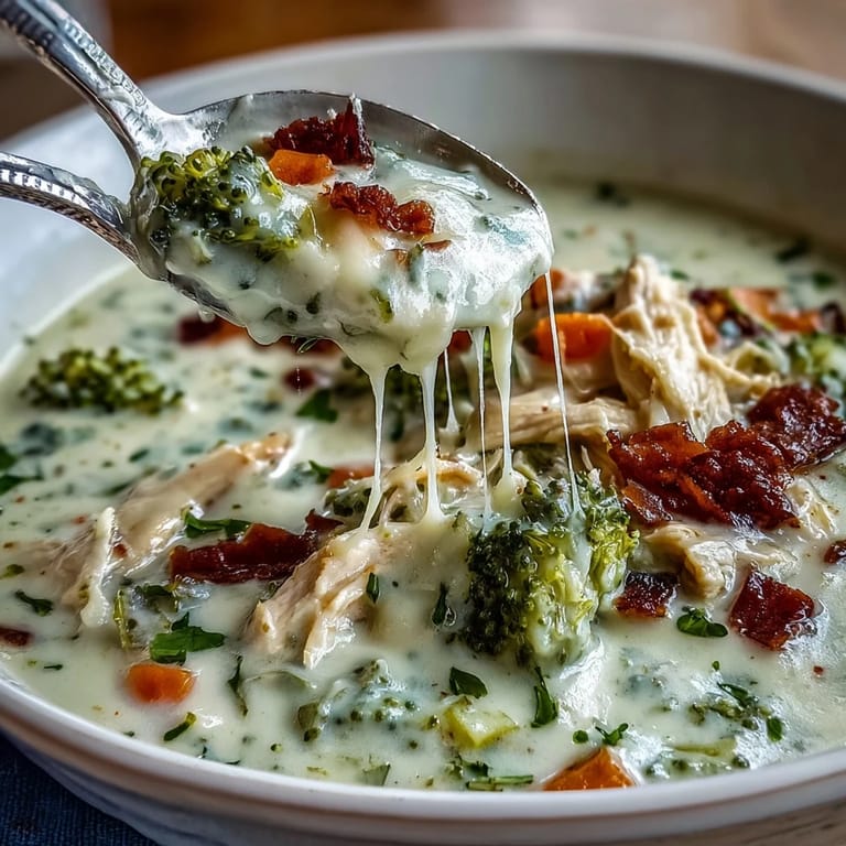 Genießen Sie eine warme Portion Hühnchen-Brokkoli-Cheddar-Suppe mit leicht gedünstetem Gemüse.