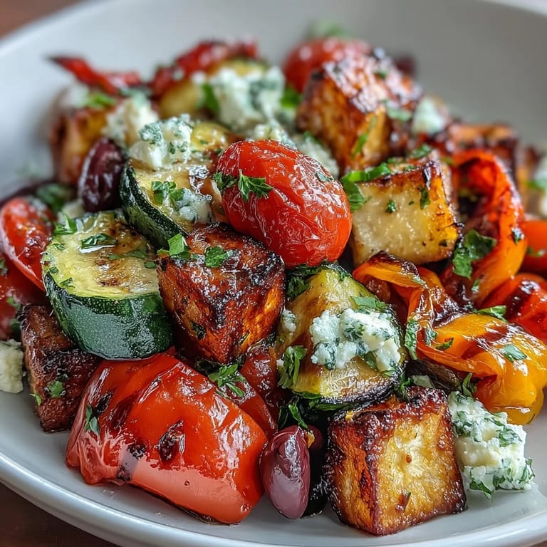 Ein warmes Roasted Greek Salad mit gerösteten Paprika, Auberginen und Zucchini, verfeinert mit Oliven und Zitronen-Dressing.  