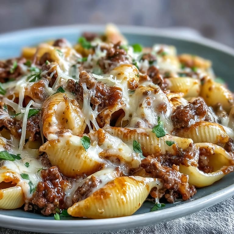 One Pot Creamy Beef and Shells served hot beside crusty bread on a rustic table.