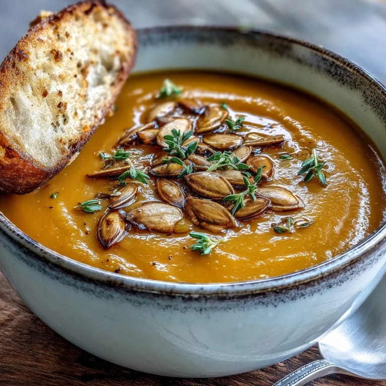 Die cremige Oberfläche dieser Butternuss-Kürbis-Suppe zeigt ein Hauch von Sahne und Kürbiskernen.