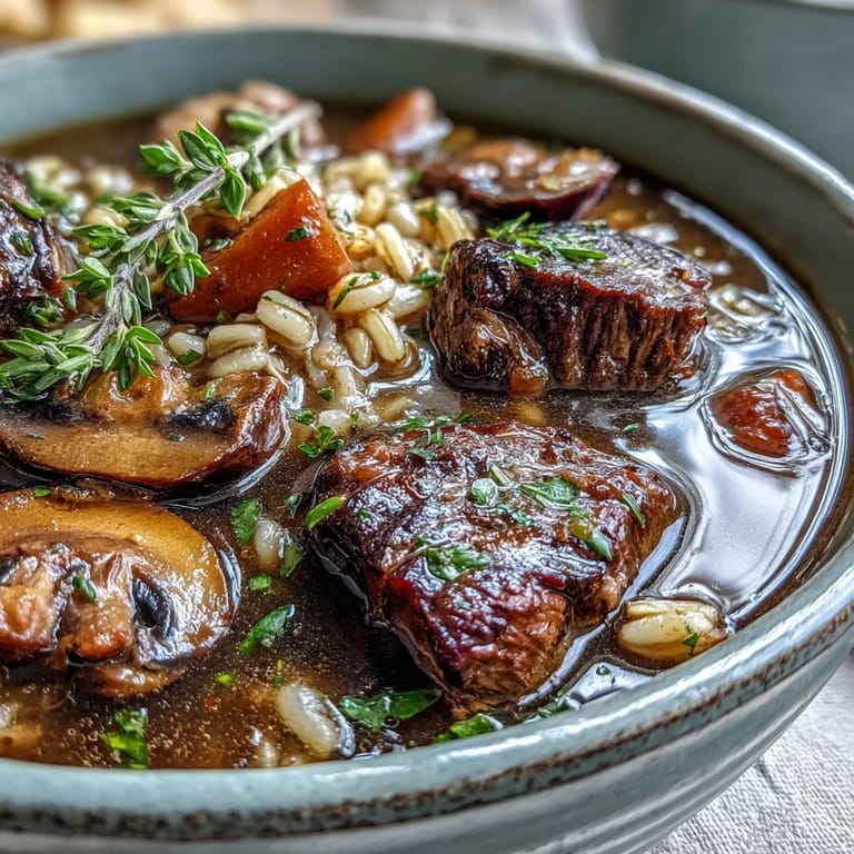 Tender beef and sliced baby bellas in Beef and Barley Soup with Mushrooms, garnished with crispy pancetta.
