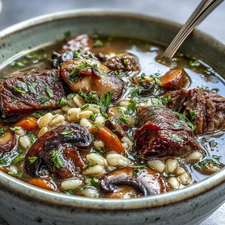 Steaming bowl of Beef and Barley Soup with Mushrooms topped with fresh parsley beside crusty bread.