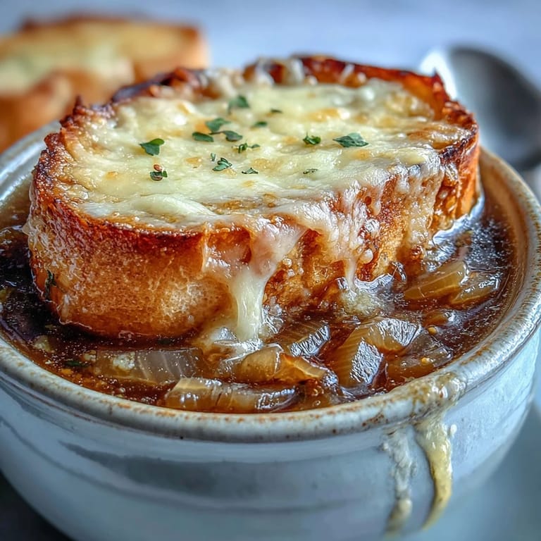 A close-up of Classic French Onion Soup, showing a rich broth, toasted baguette slice, and gooey, stringy melted cheese.